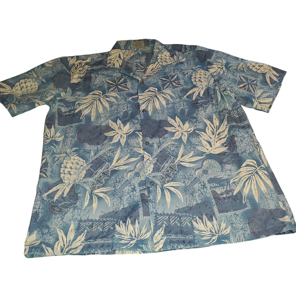 Royal Creations Size XL Made in Hawaii Floral Pineapple Guitar Button Up Shirt